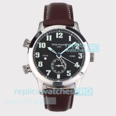 Swiss Replica Patek Philippe Calatrava Pilot Travel Time Black Dial Leather Strap Watch 